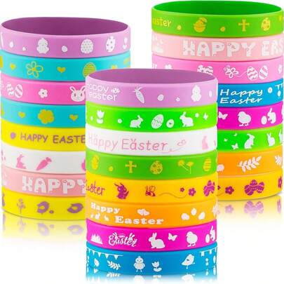 12pcsEaster Silicone Bracelets, Assorted Colorful Bunny Egg Cross Chick Printed Wristbands For Kids & Adults, Easter Party Favors Supplies, Easter Basket Stuffers Gifts