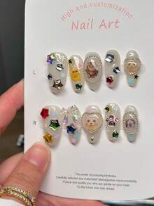 10片可爱牛奶杏仁手工可重复使用全覆盖美甲贴纸 - 配有萌猫贴纸和闪亮星星水钻装饰，粉色猫爪形状亮面粘性美甲贴片，饰有水钻和银珠，彩色星星水钻点缀，适合女性，通勤美甲用品，手工按压式美甲贴片 - 彩色 - 查看 7