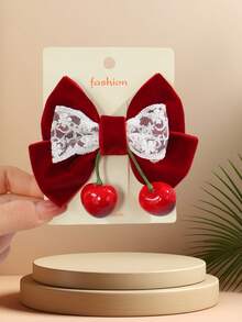 1pc Girls' Burgundy Velvet Lace Bow Cherry Decor Side Ponytail Cute & Elegant Bow Hair Clip - Burgundy - View 4
