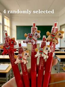 4支/套新年小马造型伸缩圆珠笔，动物贴纸装饰，红白笔杆，款式多样，握感舒适，书写流畅，适合书法、签名和学习，学生及节日文具礼品 - 彩色 - 查看 6