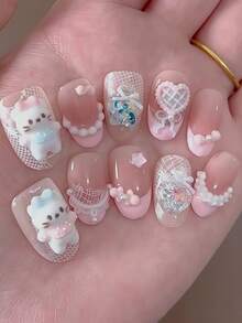 3件套美甲模具套装 - 蝴蝶结、泰迪熊、饼干、小猫、奶油蕾丝，可爱3D美甲装饰DIY透明硅胶模具 - 無色 - 查看 11