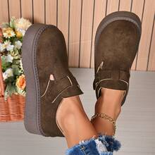 Retro Suede Women Thick Sole Casual Loafers, Buckle Decor Slip On Design For Easy Wear, Hollow Platform Thick Sole, Fashionable For Daily And Commuting Wear In Autumn/Winter - Brown - View 5