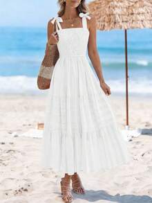 Women Summer Sleeveless Tie Shoulder Strap Smocked High Waist A-Line Long Maxi Dress Boho Beach Holiday Vacation Valentine Sundress With Pockets - trắng - Xem 6