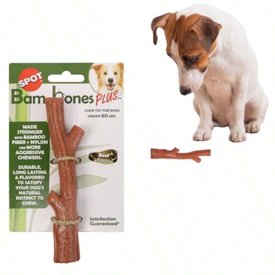 Bam-Bones Plus Branch -Bamboo Fiber And Nylon Durable Long Lasting Dog Chew For Aggressive Chewers Great Toy For Adult Dogs And Teething Puppies Under 60lbs Non-Splintering 5.75in Beef Flavor - 575英寸,1個裝 - 查看 1