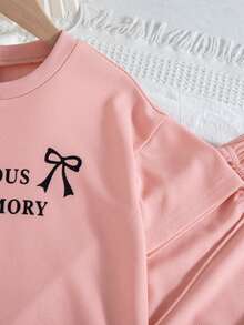 2pcs/Set Girls' Casual Outgoing Fashion Bow Letter Contrast Color Print Decor Dropped Shoulder Short Sleeve Top And Pants Set, Spring/Summer - Pink - View 6