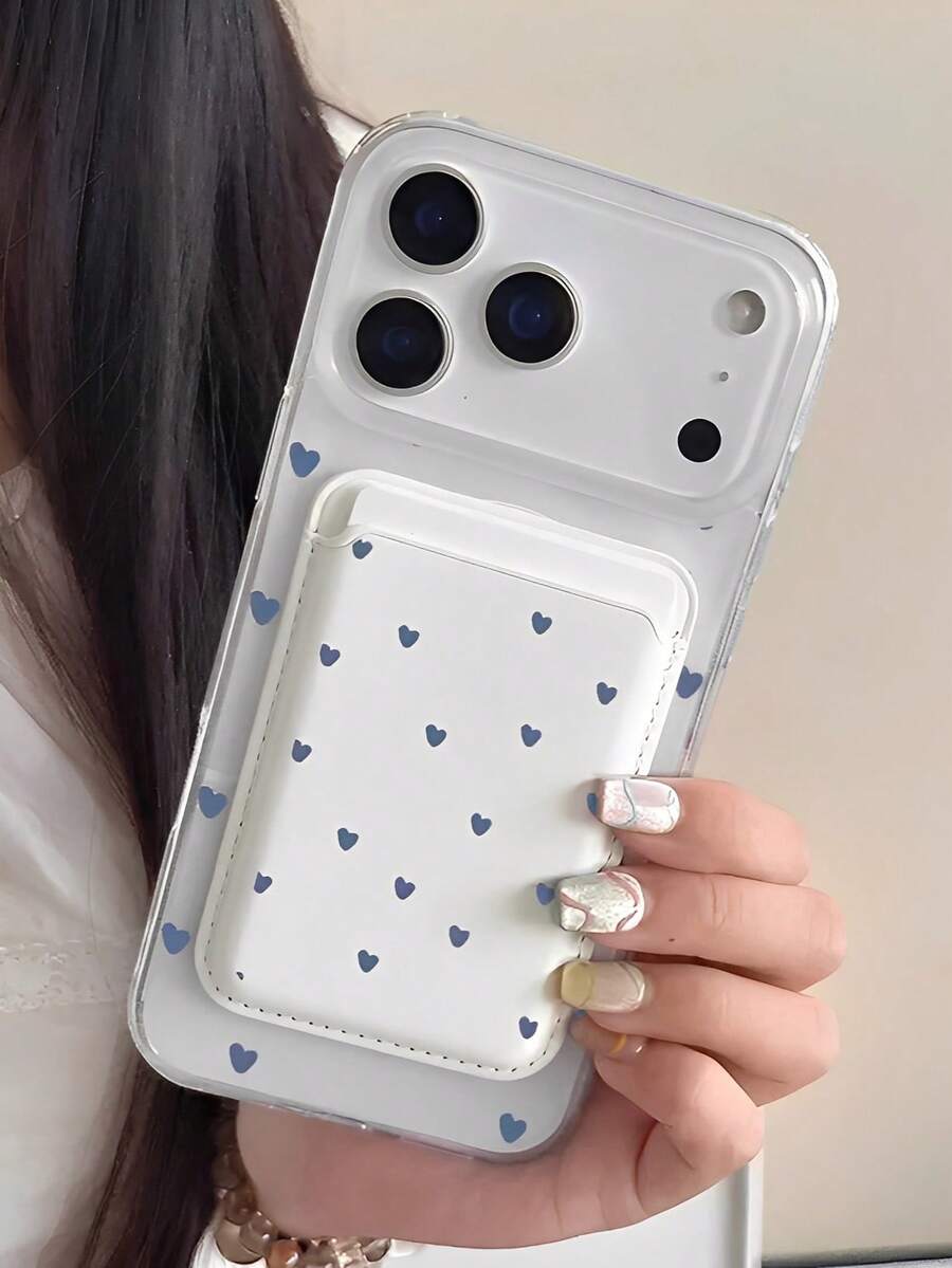 Covered With Small Blue Hearts + A Magnetic Card Holder With The Same Pattern Phone Case Suitable For Compatible With Iphone17.17Air,16,16E,15, 14, 13, 12, 11, PRO MAX, X, XS, PLUS As Well As Compatible With Samsung Galaxy S22/23/24/25Edge Ultra/FE+, Wallet Accessory For 1-2 Cards With Built-In - 彩色 - 查看 1