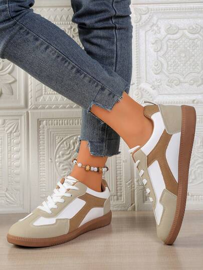 Women's Retro Casual Sneakers, White Flat Shoes, Women's Sports Shoes, Spring Shoes, Easter Training Shoes, Back To School Season, Autumn New Plus Size Women's Sports Shoes, Fashion Contrast Color Lace-Up Flat Casual Sneakers, Comfortable Sports Shoes, Women's Summer German Training Shoes, Spring Autumn New Thin Sole Casual Flat Soft Bottom Non-Slip Patchwork Colorful Outdoor Sports Shoes