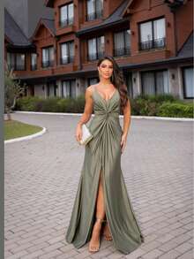Bare Back / Backless Twisted Knot Wedding - Màu xanh Ô liu - Xem 3