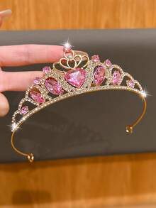 1pc Pink Heart Crown, Fashionable & Sweet Style Hair Accessory Suitable For Birthday And Performance - Multicolor - View 2