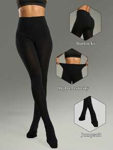 1条女士黑色保暖内衬紧身裤，弹力修身毛绒打底裤，适合春秋季穿着