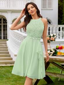 MIUSOL Floral Lace Backless Ruffle Hem Chiffon Skirt, Elegant Semi-Formal Wedding Guest Dress, Suitable For Birthday, Graduation, Homecoming And Other Occasions - Mint Green - View 7