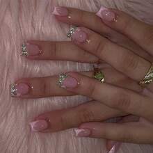 Exquisite Fashion  New Wear Nail Pink French Polka Dot Broken Diamond Cross-Border Explosion Nail Art Piece Finished Product 24 Pieces Fake Nail Sticker - BZ1624 金粉閃光 - 查看 2