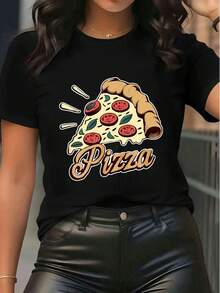 Camiseta casual de mujer con estampado gráfico de pizza, de cuello redondo y manga corta, de ajuste holgado, en color blanco, para uso diario y salidas - Negro - Ver 1