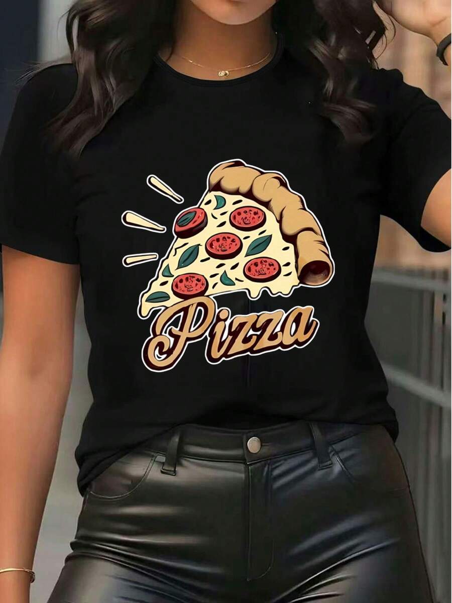 Camiseta casual de mujer con estampado gráfico de pizza, de cuello redondo y manga corta, de ajuste holgado, en color blanco, para uso diario y salidas - Negro - Ver 1
