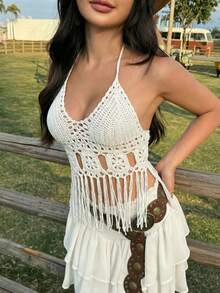 Women's New Fashionable Crochet Camisole Cover Up, Hollow Out Semi-Sheer Backless Beach/Music Festival Sexy Crop Top, Classic White - White - View 4