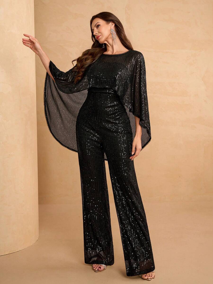 YISIKADO Women's Sequin Jumpsuit Elegant 2-Piece Set, Round Neck Shawl Collar Shiny Outfit, Party Bodysuit, Club, Back To School, Holiday