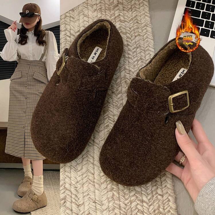 Zapatos  de lana cálida con suela gruesa para mujeres, invierno 2025, versátiles, casuales, que aumentan la altura, mocasines forrados de lana - Caqui - Añade 1