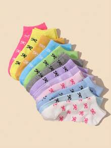 24双装女童夏季休闲日常短袜，图案多样，包括爱心、条纹、蝴蝶结和纯色，简约百搭，低帮设计，舒适透气柔软，适合返校、玩耍和运动。 - 彩色 - 查看 5