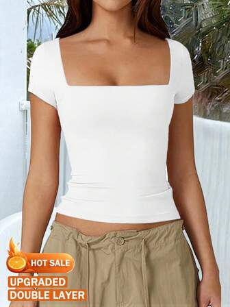Vaiaye Women's Solid Color Knit Square Neck Sexy Slim Y2K Short-Sleeved T-Shirt,Spring-Summer Sports And Fitness Top,Suitable For Valentine's Day