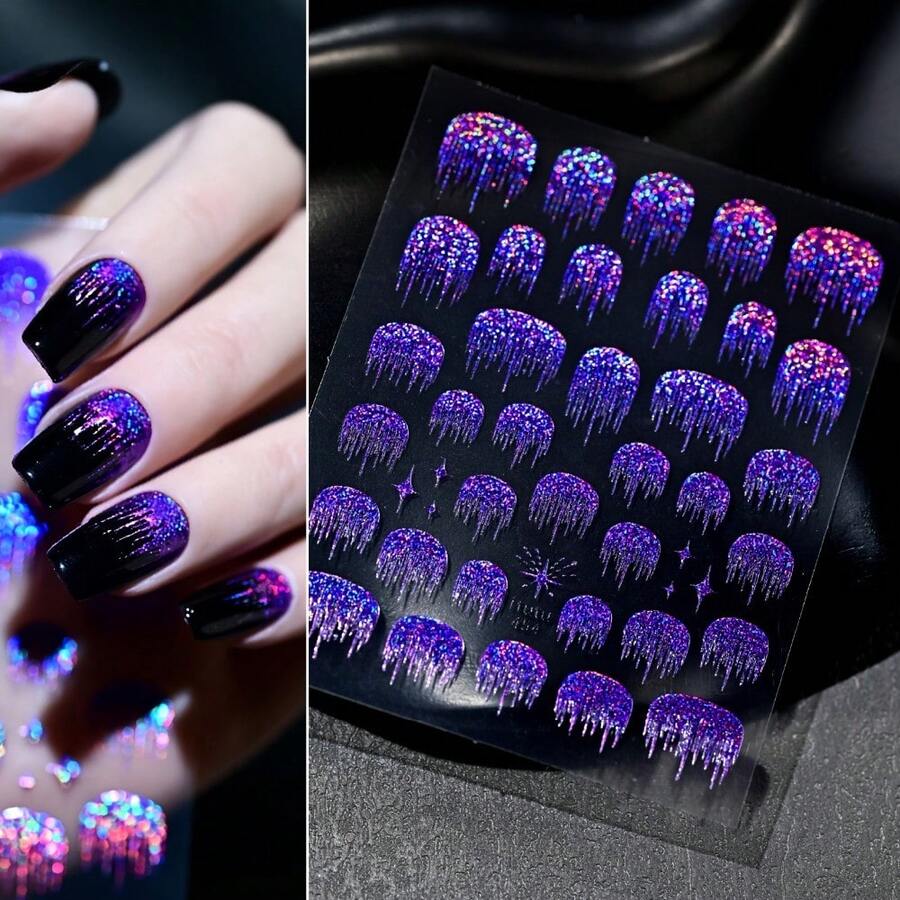 Silver Glitter Nail Stickers Adorned With Gold Foil, Featuring A Sparkling Metallic Meteor Pattern, Y2K Shiny Nail Decals, Full Coverage Art Nails, Suitable For All Nail Shapes, 1 Sheet - Symphony Purple - Xem 1