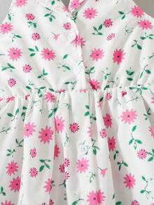 Girls Casual Floral Print Decor Button Design Hollow Back Flared Hem Sleeveless Knee-Length Dress, Suitable For Spring/Summer - Pink - View 8