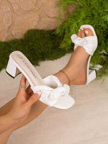 Sandalias de tacón alto con lazo para mujer, mulas de tacón grueso a la moda, adecuadas para fiestas y banquetes, pantuflas blancas - Blanco - Ver 1