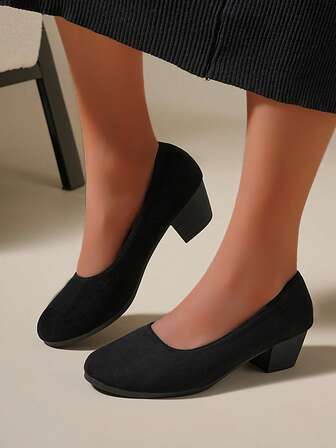 Plus Size Women Classic Solid Black High Heel Shoes - Round Toe Design - Size 36-43 - Premium Velvet Upper, Smooth & Comfortable - Black High Heels, Solid Color Low Cut Soft Bottom Wedge Thick Heel Slip-On Shoes - Quality Material Comfortable Fit - Thick Mid Heel Non-Slip Round Toe Women Shoes - Fashion Versatile