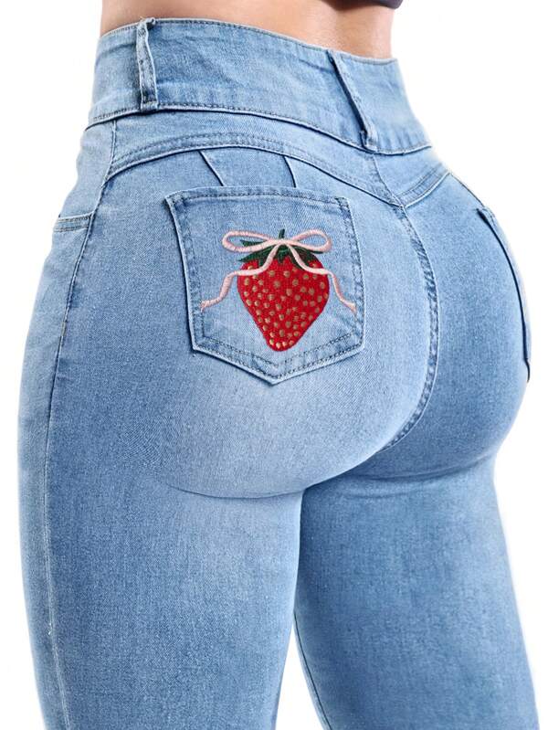 High Waist Slim Fit Blue Jeans, Strawberry Bow Embroidery, Fashionable Stretchy Washed Skinny Jeans, Summer Denim Pants, Comfortable Clothing For Spring And Autumn