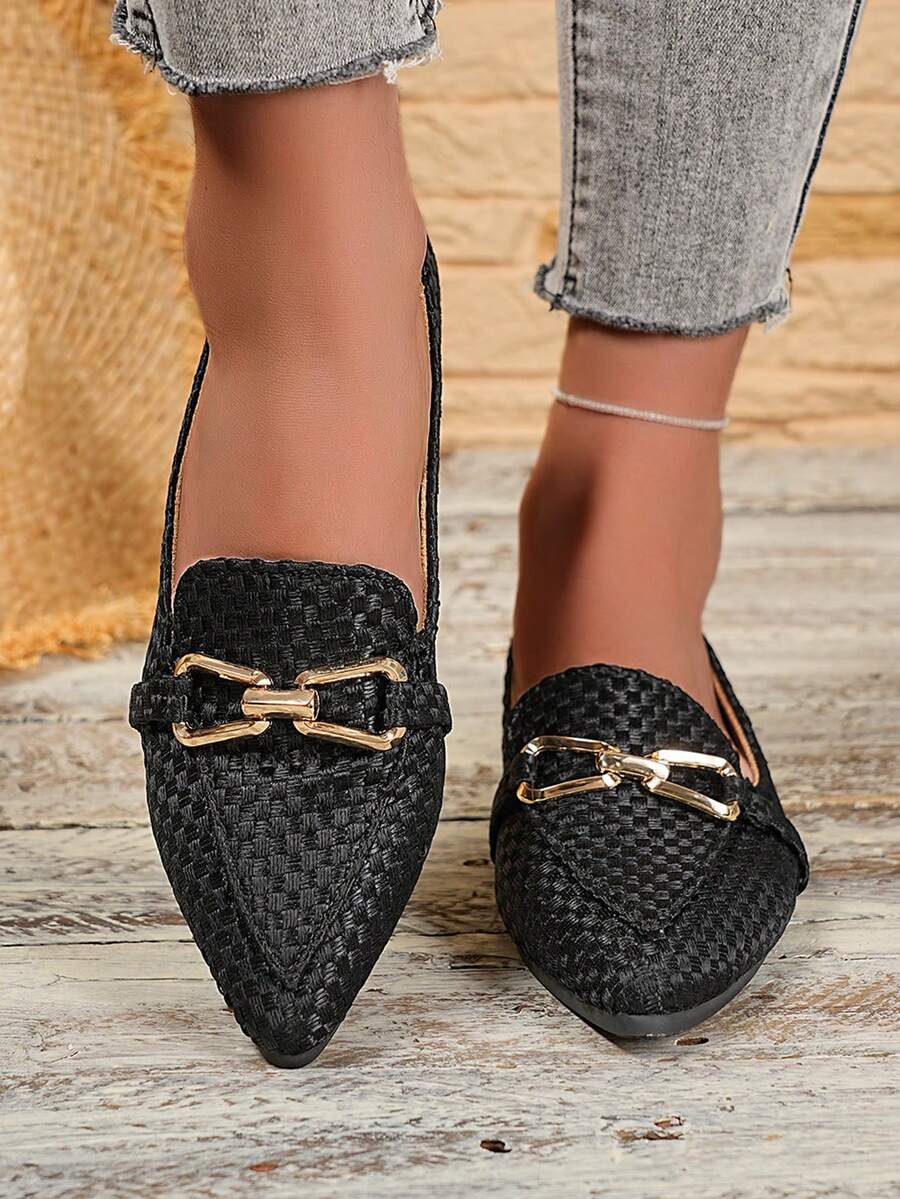 New Woven Loafers, Pointed Toe Metal Buckle Flat Shoes, Versatile Casual Slip-On Shoes For Students, Commuting And Daily Wear, Available In Black, White, Beige - Black - View 1