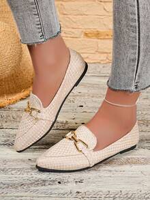 New Woven Loafers, Pointed Toe Metal Buckle Flat Shoes, Versatile Casual Slip-On For Students, Commuting For Working Women, Available In Black, White, Beige - Apricot - View 4
