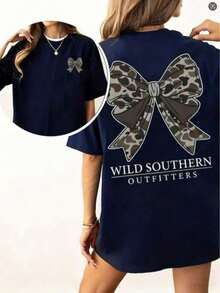 Vintage Camo Bow Hunting Shirt, Wild Southern Camo T-Shirt,Simply Printed Graphic Shirt,Daily Casual Womenswear-Unisex Street-Style Cotton T-Shirt Top - 藏蓝色 - 查看 7