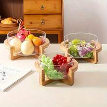 1pc Glass Fruit/Salad Bowl With Bamboo Base, Suitable For Home, Restaurant, Buffet - Clear - View 3