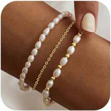 Pearl Bracelets Women, Dainty 14K - Gold - Plated Pearls Beaded Link Chain Bracelet Jewelry Women - Ngọc trai ba lớp - Xem 3
