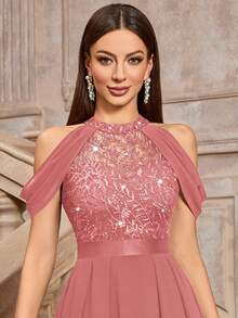 MIUSOL High Neck Elegant Sequin Floral Lace Off-Shoulder Maxi Dress, Women's Graceful Party Gown Suitable For Wedding Guest, Vacation, Graduation Ceremony, Formal Dinner And Other Occasions - Dusty Pink - View 9