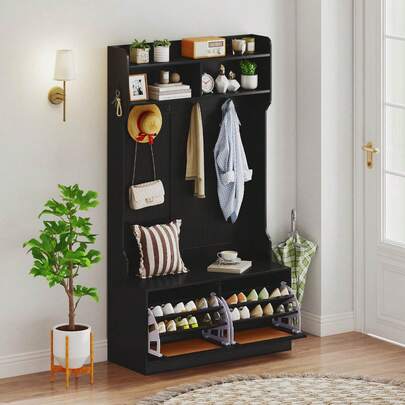 Lifezeal 4-In-1 Hall Tree Entryway Bench With Coat Rack & Flip Drawers 6 Dual-Hook Hangers Black/White/Natural
