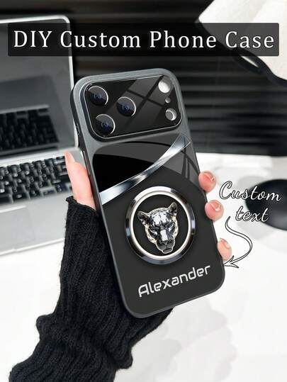 1pc Customized Name, Fierce Leopard Head Ring Design Luxury Fashionable Large View Tempered Glass With Lens Protection Matte Anti-Drop Phone Case Compatible With Iphone 17/17Pro/17ProMax/17Air/16/16Pro/16ProMax/16Plus/15/15Plus/15Pro/15ProMax/14/14Plus/14Pro/14ProMax/13/13Pro/13ProMax/12/11 Phone Accessories, Full Coverage High-End Protection Cover