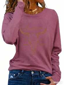 Women's Western Cow Skull And Star Pattern Printed Long Sleeve Round Neck T-Shirt - Chestnut Color Casual Top With "American Wild West" Text, Medium Elasticity, Machine Washable, Non-See-Through Material, Suitable For Autumn And Winter 2025 - 淡紫色 - 查看 1