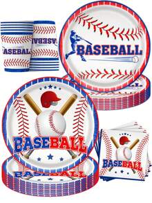 50Pcs Baseball Disposable Tableware Set, Red Blue Baseball Bat Helmet Print Paper Plates Cups Napkins, Sports Fan Game Day Baseball Birthday Home Watching Party Supplies Table Decor Essentials - Multicolor - View 1