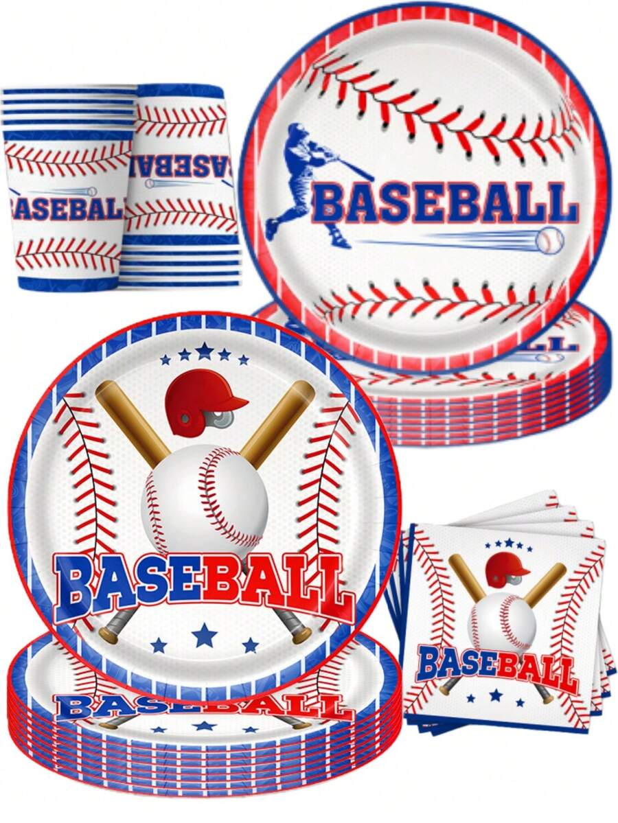 50Pcs Baseball Disposable Tableware Set, Red Blue Baseball Bat Helmet Print Paper Plates Cups Napkins, Sports Fan Game Day Baseball Birthday Home Watching Party Supplies Table Decor Essentials - Multicolor - View 1