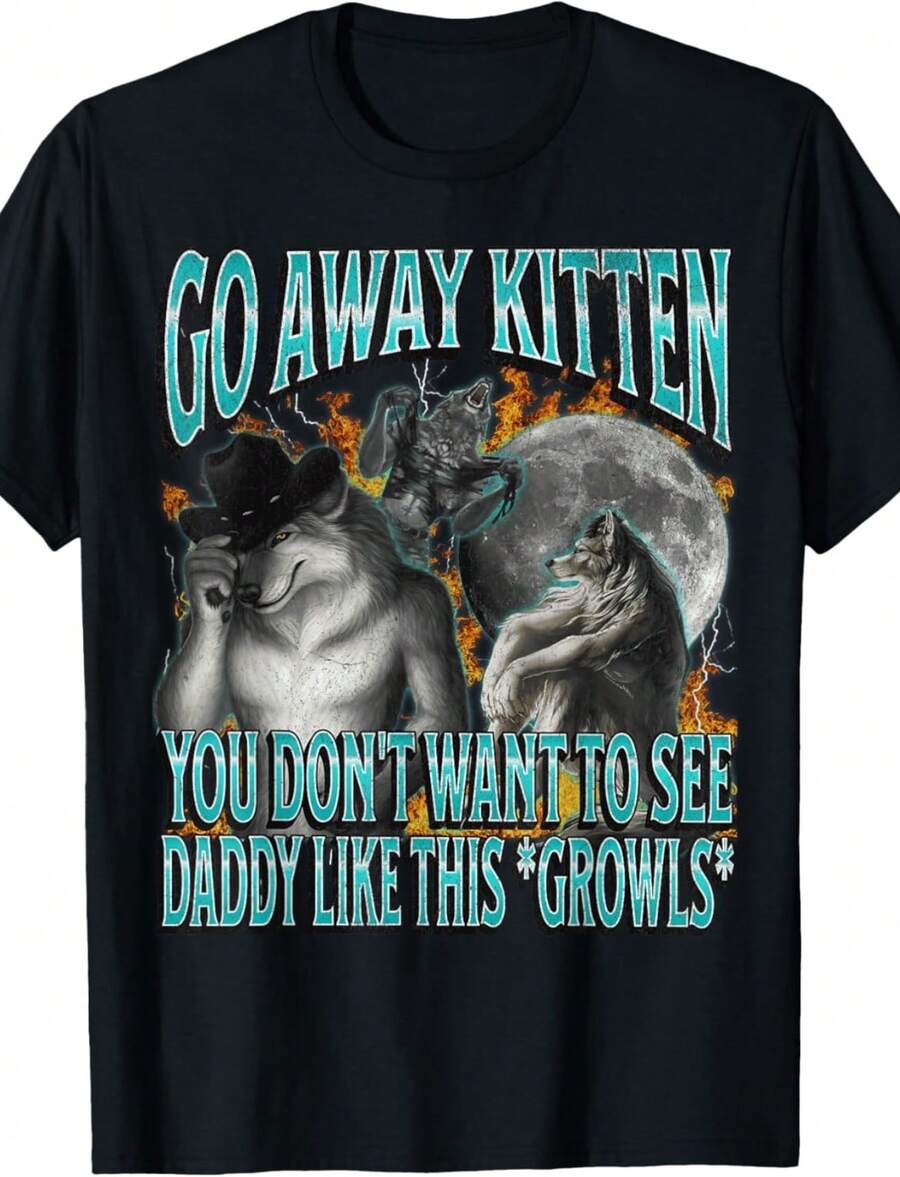 Go Away Kitten Funny Offensive Werewolf Meme Bootleg Graphic T-Shirt - 黑色 - 查看 1