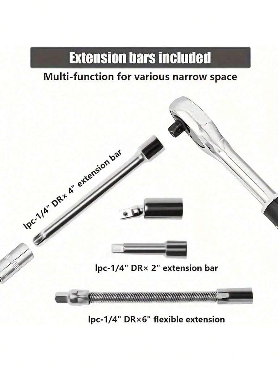 46pcs Ratchet Wrench Set, Men's Tool Kit With Hex Wrenches And Sockets, Tool Box, Auto Mechanic Tools, 1/4" Drive, Metric, With Extension Bars, Compact Multifunctional Solution For Bicycle And Motorcycle Maintenance, Auto Repair And Household Use - Steel Plated Structure, Pre-Assembled, Manual, With Storage Box - Color and Style Are Random - View 1