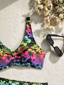 2pcs/Set Floral Print Twist Drawstring Tie Swimwear Beach Outfit, Summer Vacation - Multicolor - View 6