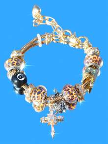 1 件女士可调节手链套装，带台球、星星、饰物、豹纹和时间饰物