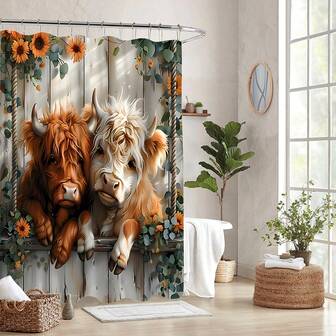 1pc Valentine'S Day Romantic Couple Calf Shower Curtain, Sweet Calf Animal Printed Shower Curtain, Perfect For Valentine'S Day Bathroom Decoration, Universal Room Decoration, Home Decoration Set, Bathroom Accessories Bathtub Curtain