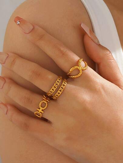 3pcs/Set Stainless Steel 18K Gold Plated Geometric Hammered Teardrop Cross Jewelry Set, Suitable For Women's Daily Wear And Parties