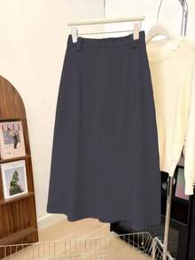 女士时尚黑色A字中长裙 - 高腰，A字裙摆设计，涤纶面料，适合通勤或休闲穿着，四季皆宜（无需腰带）春季 - 深灰色 - 查看 5