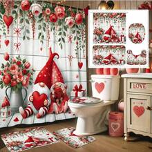 1/4 Piezas Conjunto de decoración del Día de San Valentín, con figuritas de gnomos en pareja con corazón, rosa y patrones florales. Esta adorable y romántica cortina de ducha roja y rosa es lavable, perfecta para la decoración del baño. Incluye 12 ganchos y una alfombra de baño antideslizante, así como una tapa de inodoro en forma de U, convirtiéndolo en un excelente regalo para los seres queridos. - Multicolor - Ver 14