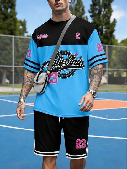 Men's Simple Letter Print Sports Comfortable Round Neck Short Sleeve Shorts Set