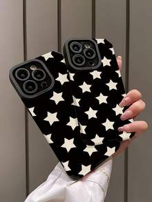 1pc Minimalist Black Background White Star Pattern Vertical Faux Leather Texture Classic Anti-Drop High-End Soft Protective Phone Case, Suitable As Birthday, Holiday Gift For Friends, Family, Couples, Fits 17/17 Air/17 Pro/17 Pro Max, 16/16 Plus/16 Pro/16 Pro Max, 15/15 Plus/15 Pro - Multicolor - View 4