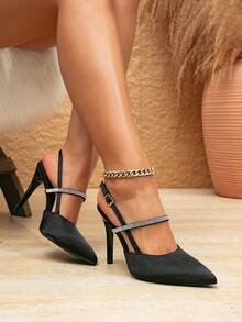 Women's Rhinestone Pointed Toe Stiletto High Heel Sandals, Fashion Versatile Suitable For Outings, Banquets, Parties And Other Occasions - Black - View 4